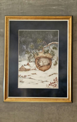 Plakat Zimowa Myszka oprawiony w drewnianą ramę-lekko uszkodzony